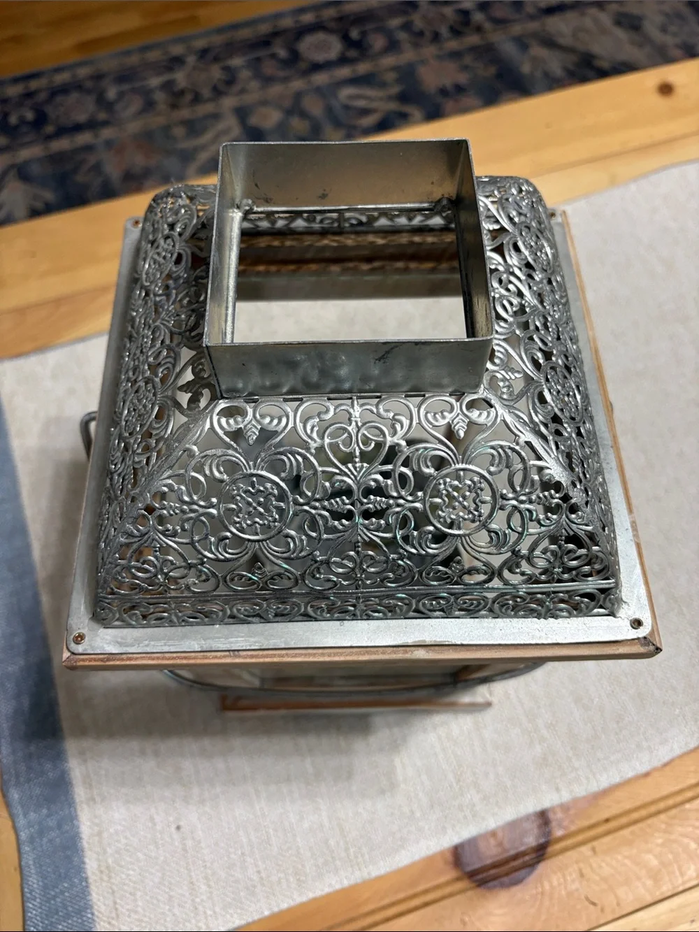 Rustic Whitewashed Wood Lantern with Silver Filigree Top